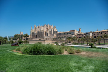 Fototapeta na wymiar Majorca 2019: Cathedral La Seu of Palma de Mallorca on a sunny summer day with blue sky. Image composition with grass in the foreground