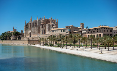 Majorca 2019: Cathedral La Seu of Palma de Mallorca on a sunny summer day with blue sky. Image composition with lake and palm trees in the foreground