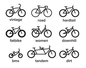 Bicycle types icons set. Simple illustration of 9 bicycle types vector icons for web