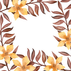Watercolor lush frame of autumn brown branches and leaves with beige vanilla flowers isolated on white background. Flower pattern for beautiful wedding invitation design, greeting cards.