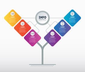 Business presentation concept with 6 options. Template of tree or diagram. Infographic of technology or education process with six steps. Brochure design template.