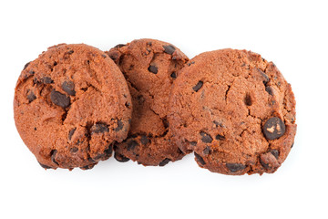 Chocolate chip cookies isolated on white background. Sweet biscuits. Homemade pastry.