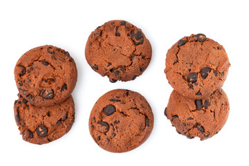 Chocolate chip cookies isolated on white background. Sweet biscuits. Homemade pastry.