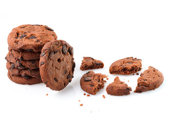 Chocolate chip cookies isolated on white background. Sweet biscuits. Homemade pastry.