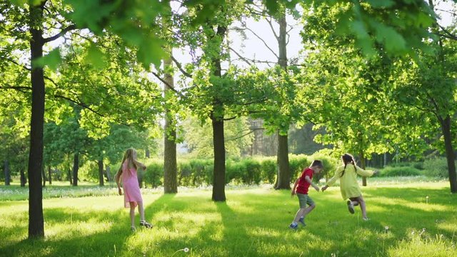 Group of three joyful children playing tag game on lawn in summer park. Active kids having fun running and catching each other, lockdown slow motion shot