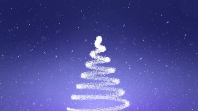Animated Conceptual Christmas tree on snowy blue copy space sky background.