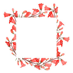 Watercolor pattern square frame of red bells isolated on white background. Flower pattern for beautiful design of wedding invitations, greeting cards, saving date with space for text.