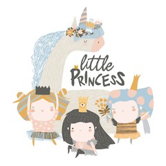 Little princess girls with magic unicorn on white background