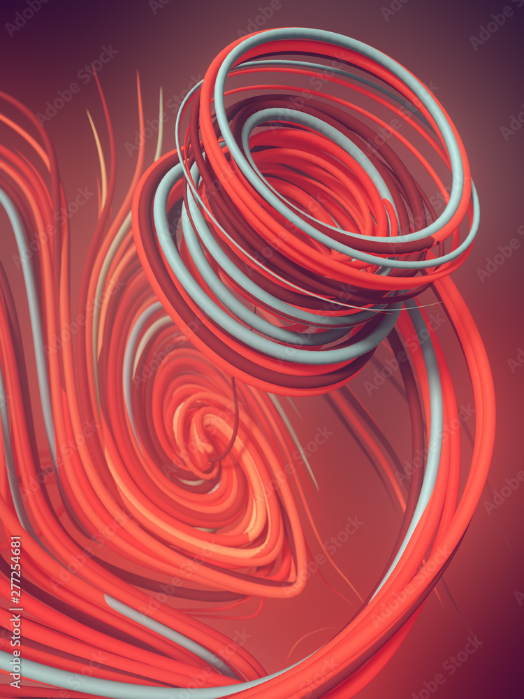 Poster Interlacing abstract red colored curves. Computer generated geometric pattern. 3D rendering