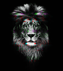 Glitch Portrait of a Beautiful lion, lion in dark. Unique Design Abstract Digital Pixel Noise Glitch Error.