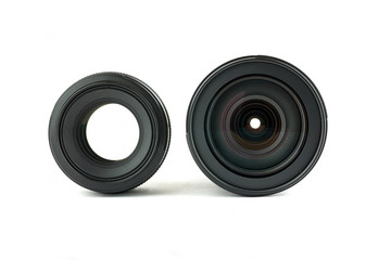 Two black photo lenses on white background