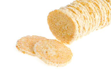 Frozen potato pancakes on white background. Photo