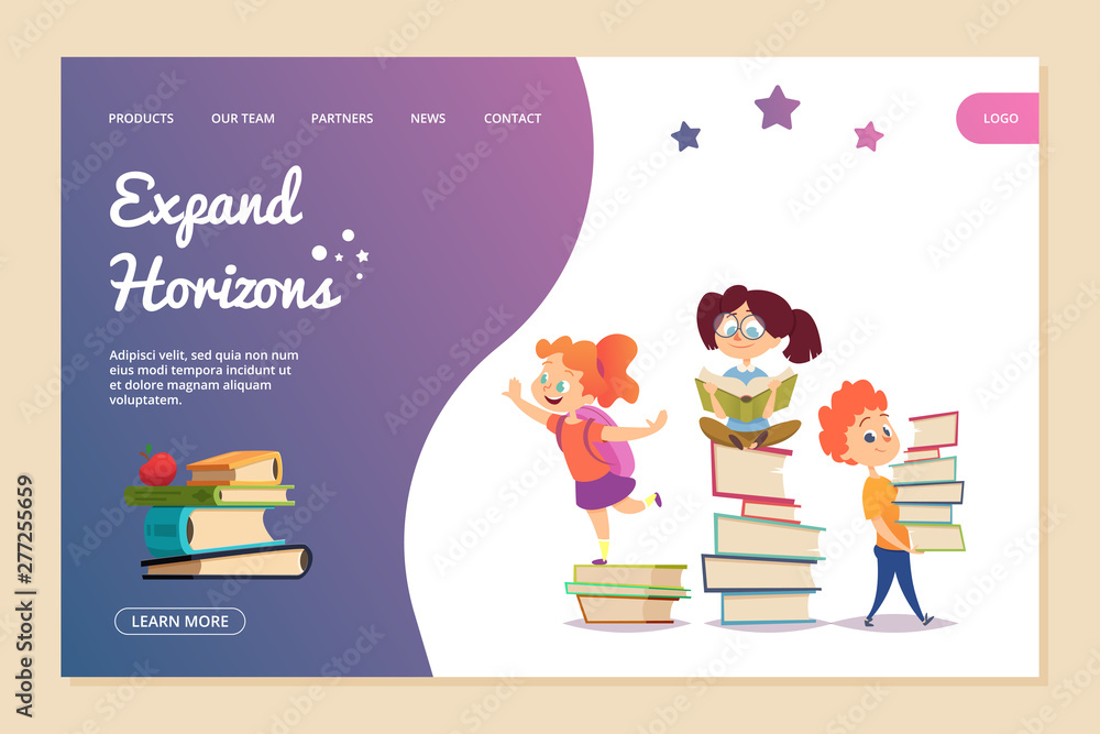 Wall mural expand horizons vector concept. reading landing page template. cartoon kids read books and education