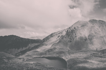 Panorama of lake scenes in mountains, national park Dombay, Caucasus