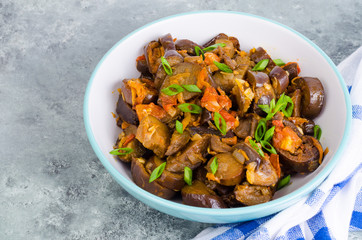 Vegetarian dish, stewed vegetables with eggplants. 