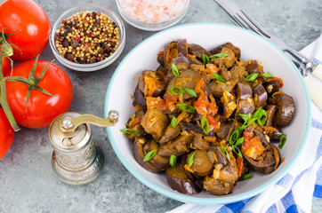 Vegetarian dish, stewed vegetables with eggplants. 