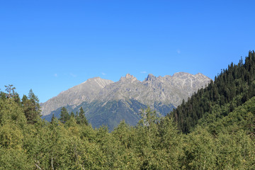 Closeup view of mountains scene in national park Dombay, Caucasus