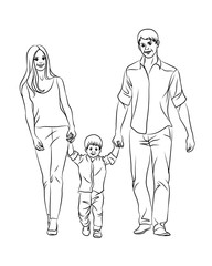 Family. Graphic, hand-drawn sketch depicting happy parents with a baby.