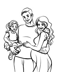 Family. Graphic, hand-drawn sketch depicting happy father hugs pregnant wife and holds daughter in his arms.
