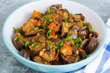 Vegetarian dish, stewed vegetables with eggplants. 
