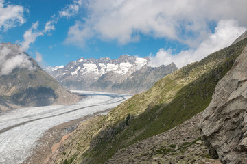 Panorama of mountains scene, walk through the great Aletsch Glacier