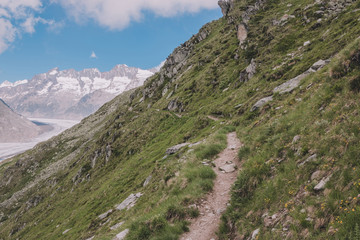 Panorama of mountains scene, walk through the great Aletsch Glacier