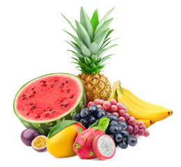 tropical fruits, watermelon, pineapple, grapes, banana, mango, passionfruit, dragon fruit, isolated on white background, clipping path, full depth of field