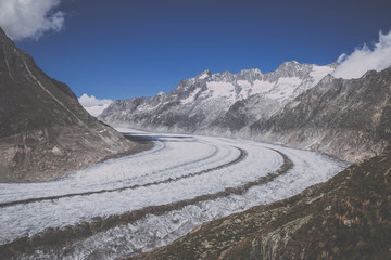 Panorama of mountains scene, walk through the great Aletsch Glacier