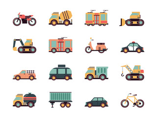 Transport flat icons. Urban vehicles cars buses airplane fuel transportation vector colored symbols. Truck and bus, bicycle and auto, tram and lorry illustration