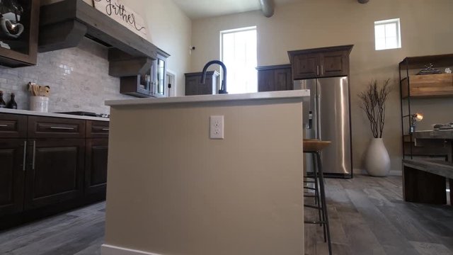 Kitchen Reveal from Low Floor Island. view moves up on side angle of kitchen with island