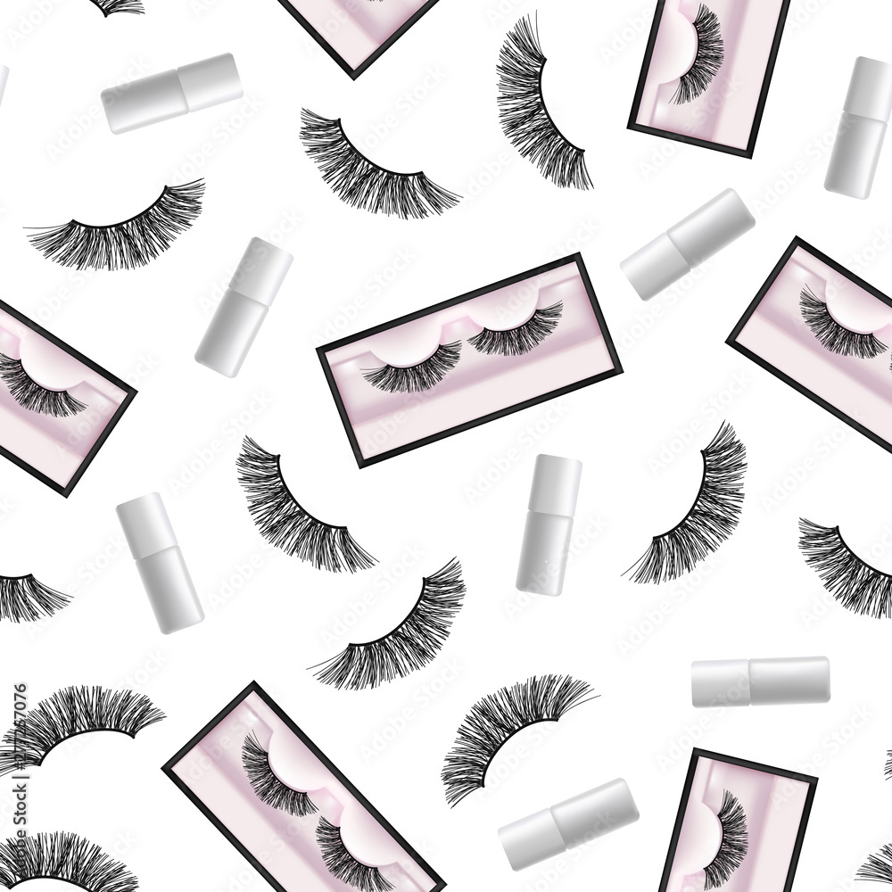 Poster Realistic Detailed 3d False Eyelashes in Package Box Seamless Pattern Background. Vector