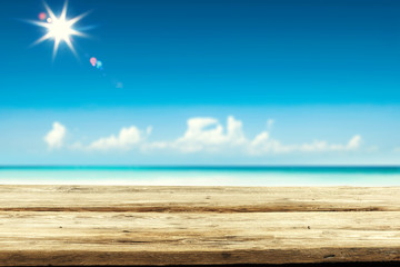 Fototapeta premium Desk of free space and summer beahc 
