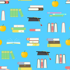 Cartoon Education Seamless Pattern Background on a Blue. Vector