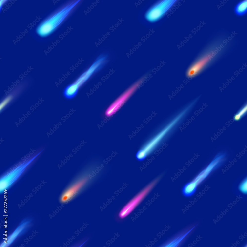 Poster realistic detailed 3d meteorites comets different colors light effect seamless pattern background. v