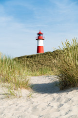  Lighthouse red white on dune. Sylt island – North Germany.  