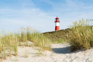  Lighthouse red white on dune. Sylt island – North Germany.  