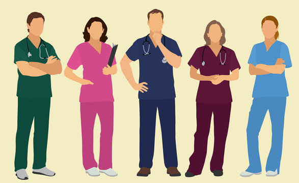 Male and Female Nurses or Doctors in Scrubs