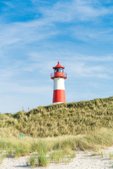  Lighthouse red white on dune. Sylt island – North Germany.  