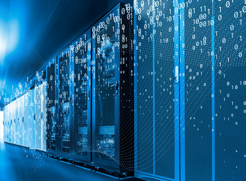 power of big data. binary code information bit on computer monitor screen display. Blue light text number one and zero. blur defocus blue bokeh light. technology graphic design background concepts