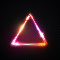Triangle neon sign on transparent background. Glowing pink red yellow neon electric wiring border with star sparkle space for text. 3d 80s style frame. Shining color design element vector illustration