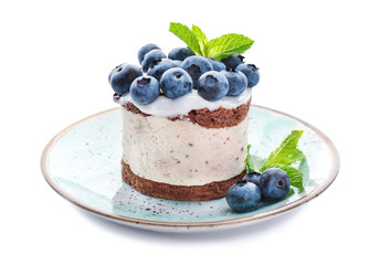 Tasty blueberry cake on white background