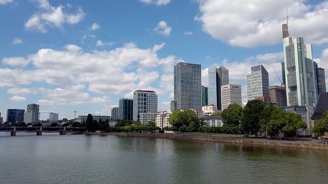 View from Eiserner Steg / The Iron Bridge on Main River to the business centre of the city, July 2019