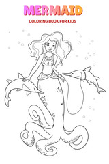 Cute mermaid cartoon character with fish saw, vector illustration. Set of coloring book for kids.