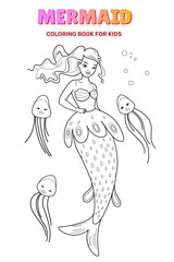 Cute mermaid cartoon character with jellyfish, vector illustration. Set of coloring book for kids.