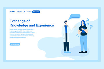 Medical web page concept. Web page design template of experience exchange. Two doctors talking to each other. Modern vector illustration designs for website development