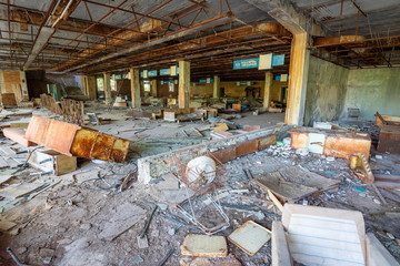 Abandoned Supermarket in Chernobyl Exclusion Zone, Ukraine - June 2019 Ghost City Prypiat abandoned after Chernobyl disaster - nuclear accident in Soviet Union that occurred on 26 April 1986.