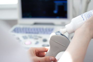 Ultrasound scanner equipmentin in clinic hospital. Diagnostics, sonography and health concept....