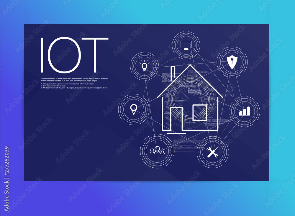 Poster internet of things (iot), devices and connectivity concepts on a network, cloud at center. digital c