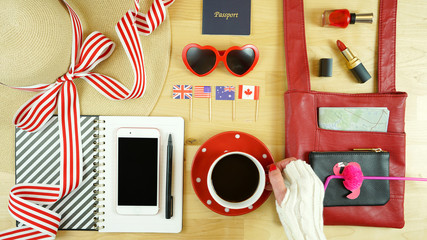 Travel concept overhead, coffee break planning with accessories.