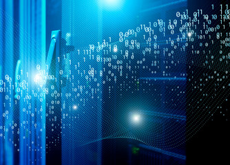 data stream binary code data on top of the lattice doors of server equipment in a data center
